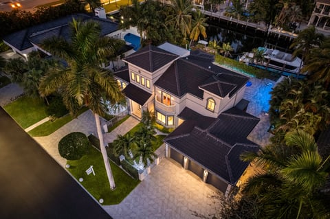 Luxury colonial modern residence with new roof aerial view
