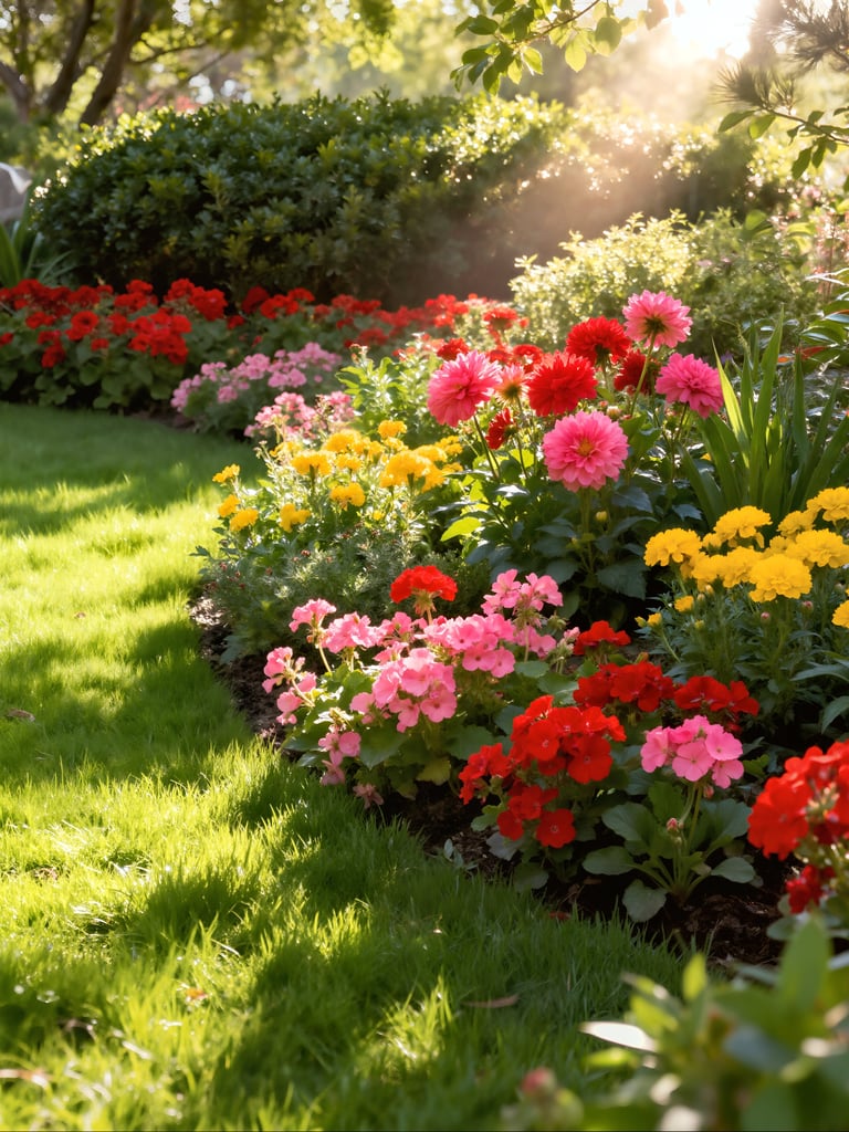 Beautiful landscaped lawn with flower garden